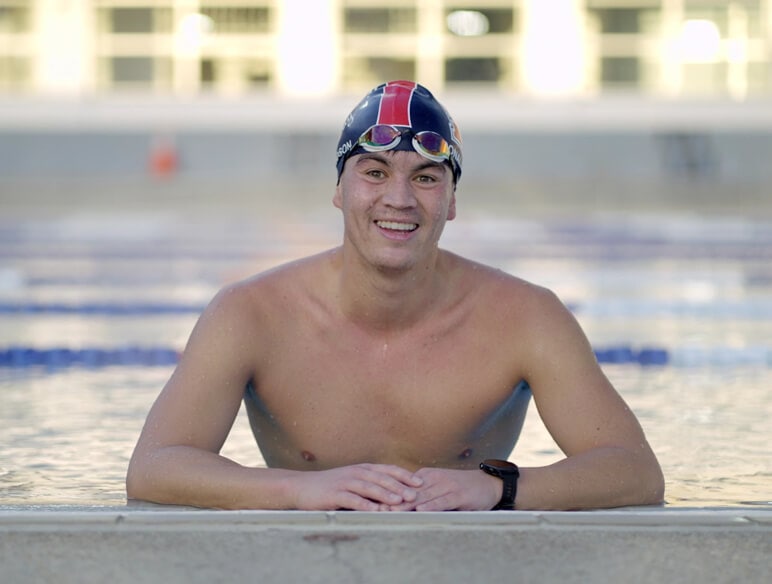 Professional swimmer Andrew Donaldson in swimming pool, Kai-Fella Ambassador